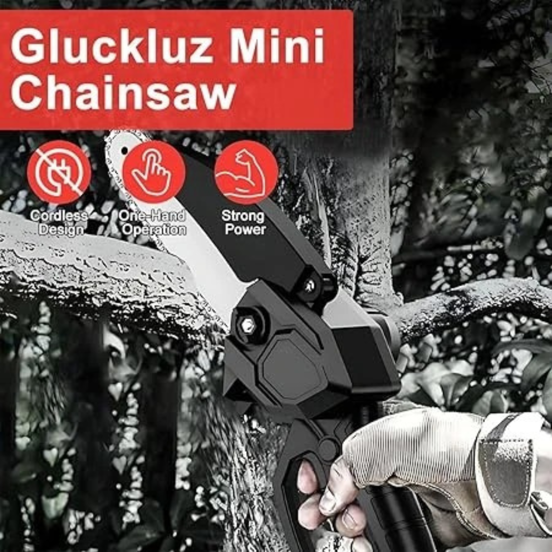 Gluckluz Mini Chainsaw Cordless Chain Saw Electric Handheld 6 Inch Chain Saw with 2 * 24V Rechargeable Battery & Safety Lock for Tree Trimming Wood Cutting Household Garden Pruning Work